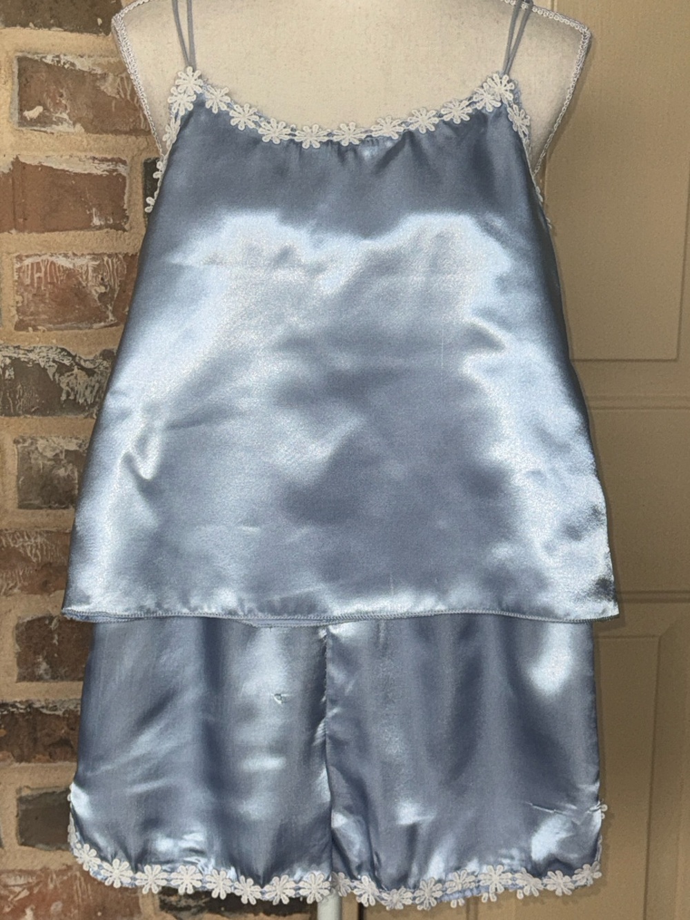 Satin Camisole & Shorts Pajama Set Light Blue White Daisy Trim Fairy Whimsical